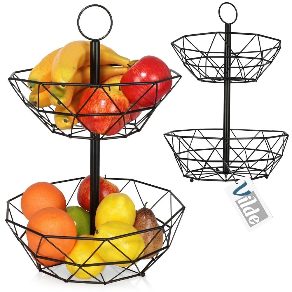 Modern two-level fruit basket in black metal for kitchen