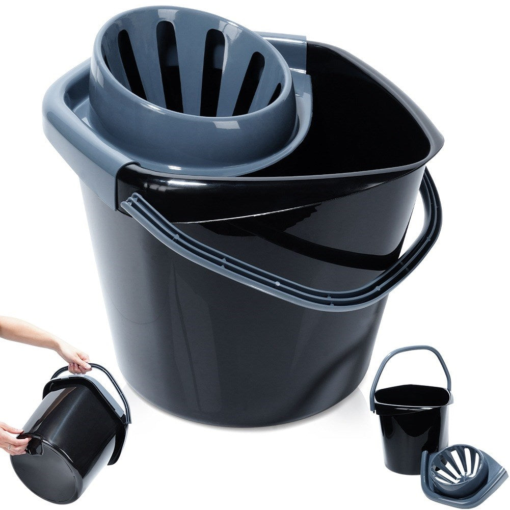 Mop bucket with wringer, plastic, black, 14 l