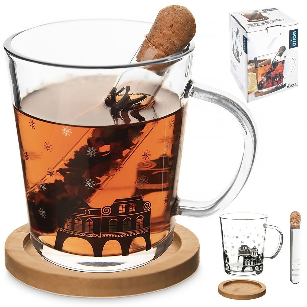 Mug Set: Glass, Handle, Tea Infuser & Bamboo Wood Coaster