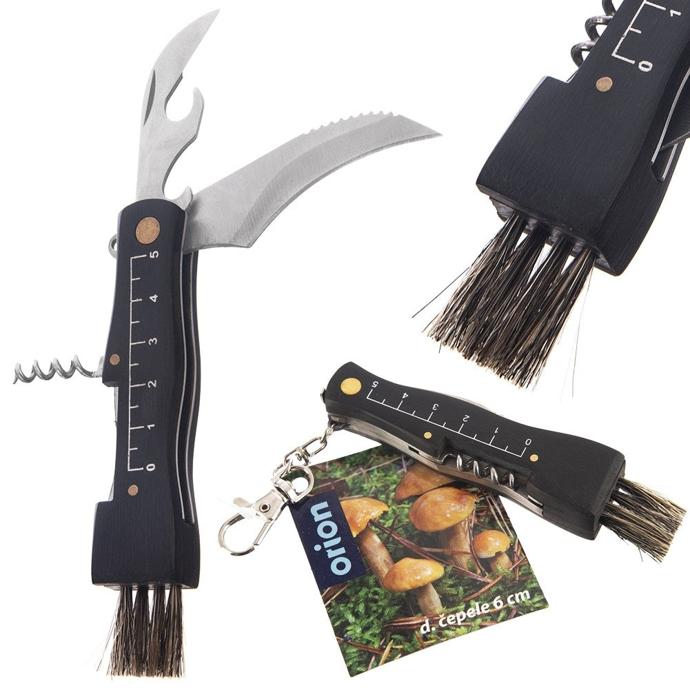 Mushroom knife with brush, corkscrew and cap opener