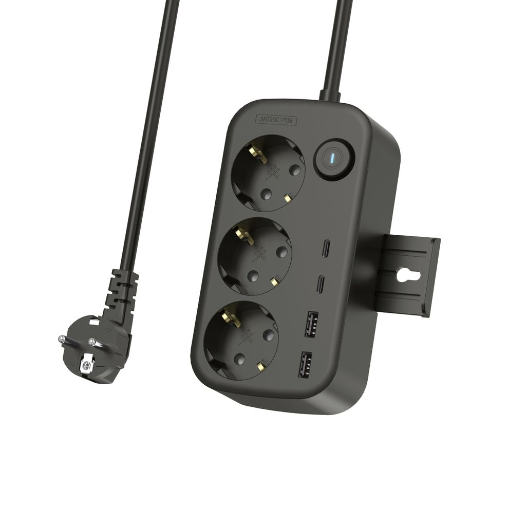 NEXTBATT Power strip with 3 sockets, 230V, 2 USB-A ports, 2 USB-C ports, 150cm.