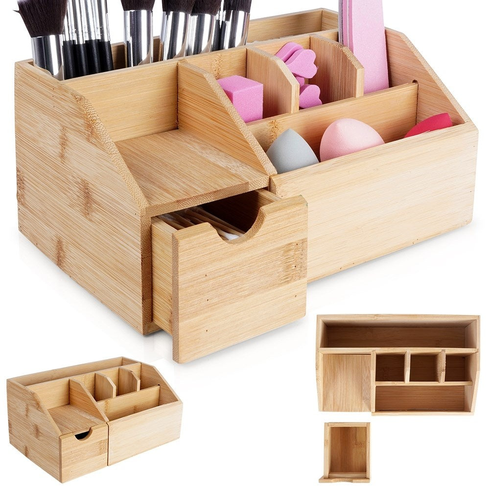 Organizer with six compartments and pull-out drawer in bamboo