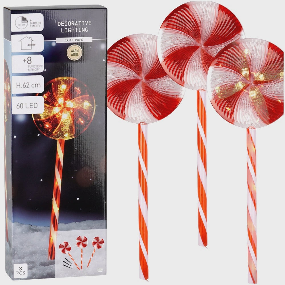 Outdoor Christmas Lollipop Lights, 60 LED, 62 cm, 3-Pack