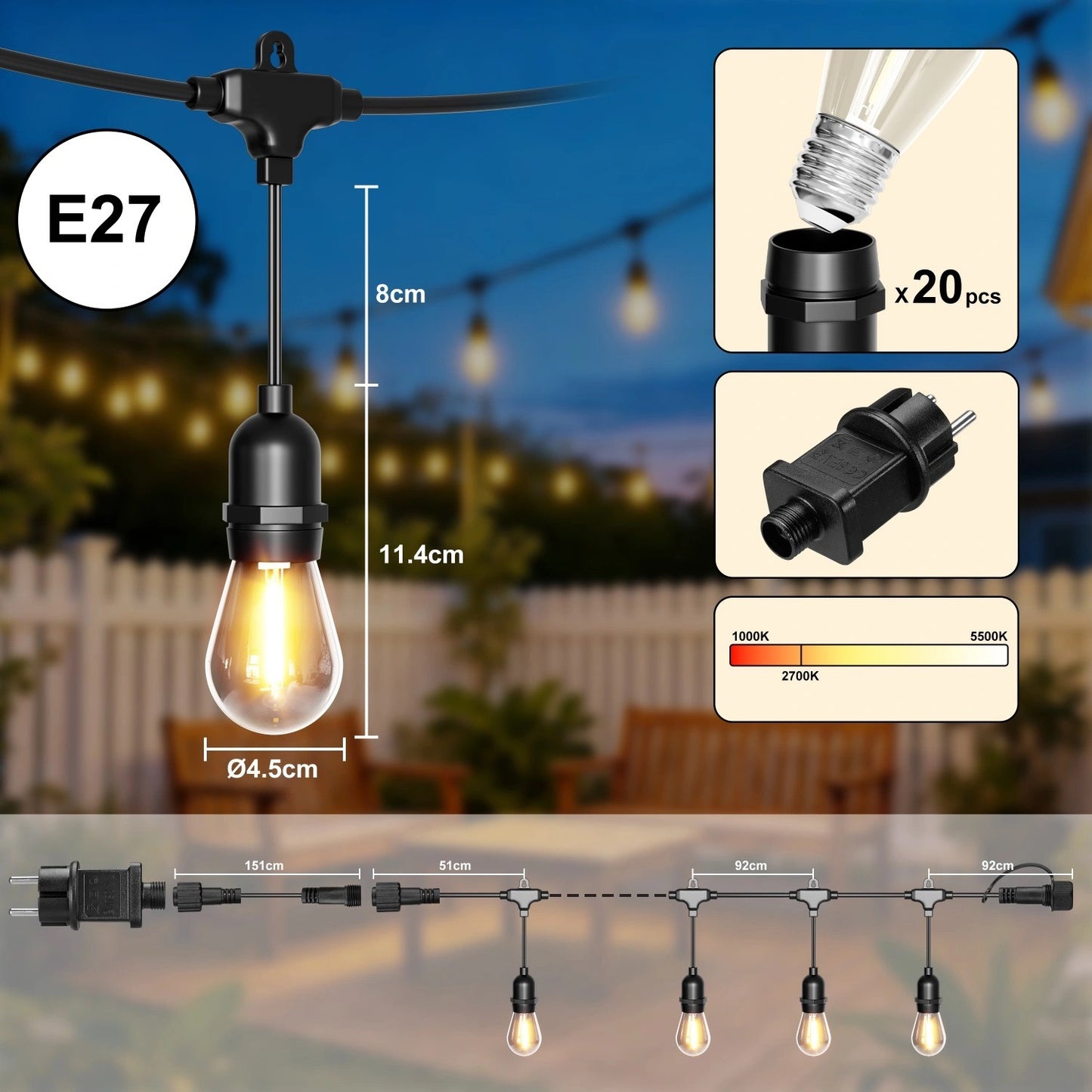 Outdoor LED String Lights, 20m, 20 Bulbs, IP44, Warm White