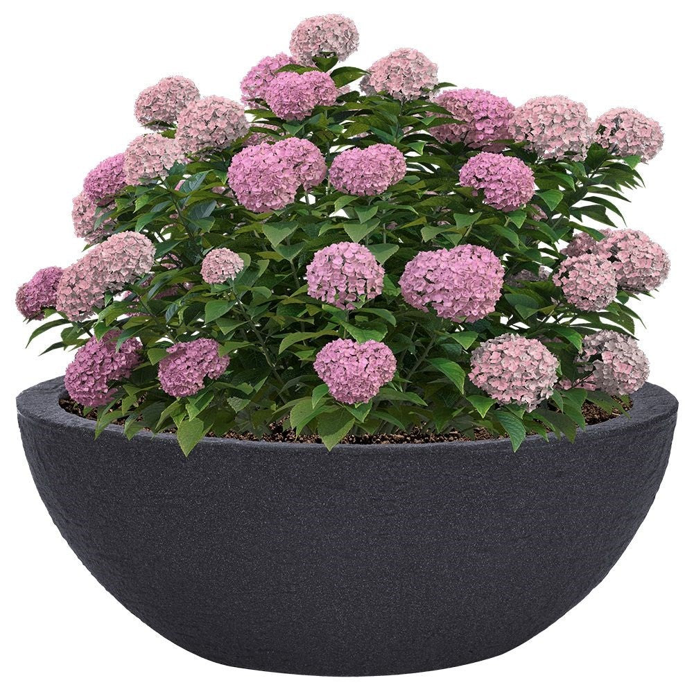 Oval weatherproof plastic pot imitating stone for outdoor use