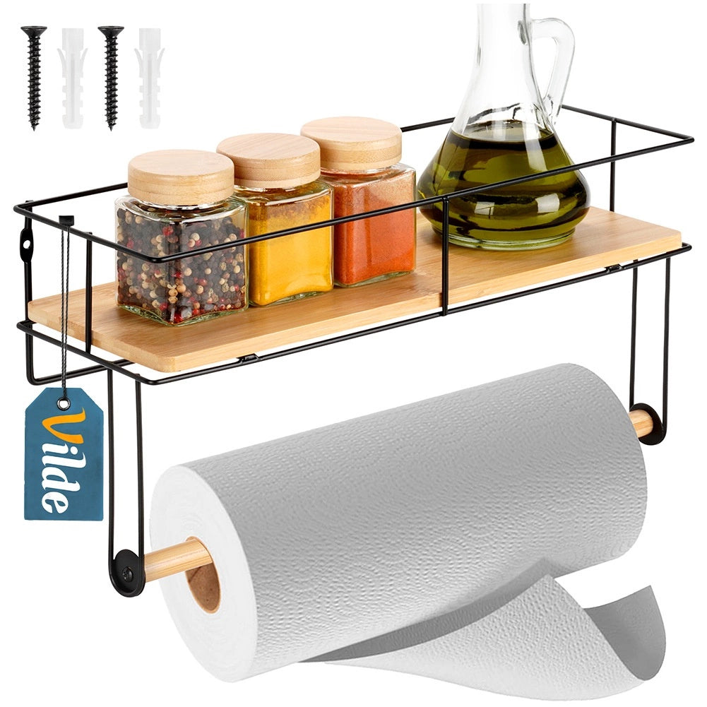Paper Towel Holder with Shelf, Black Metal 37x12.5x18.5 cm