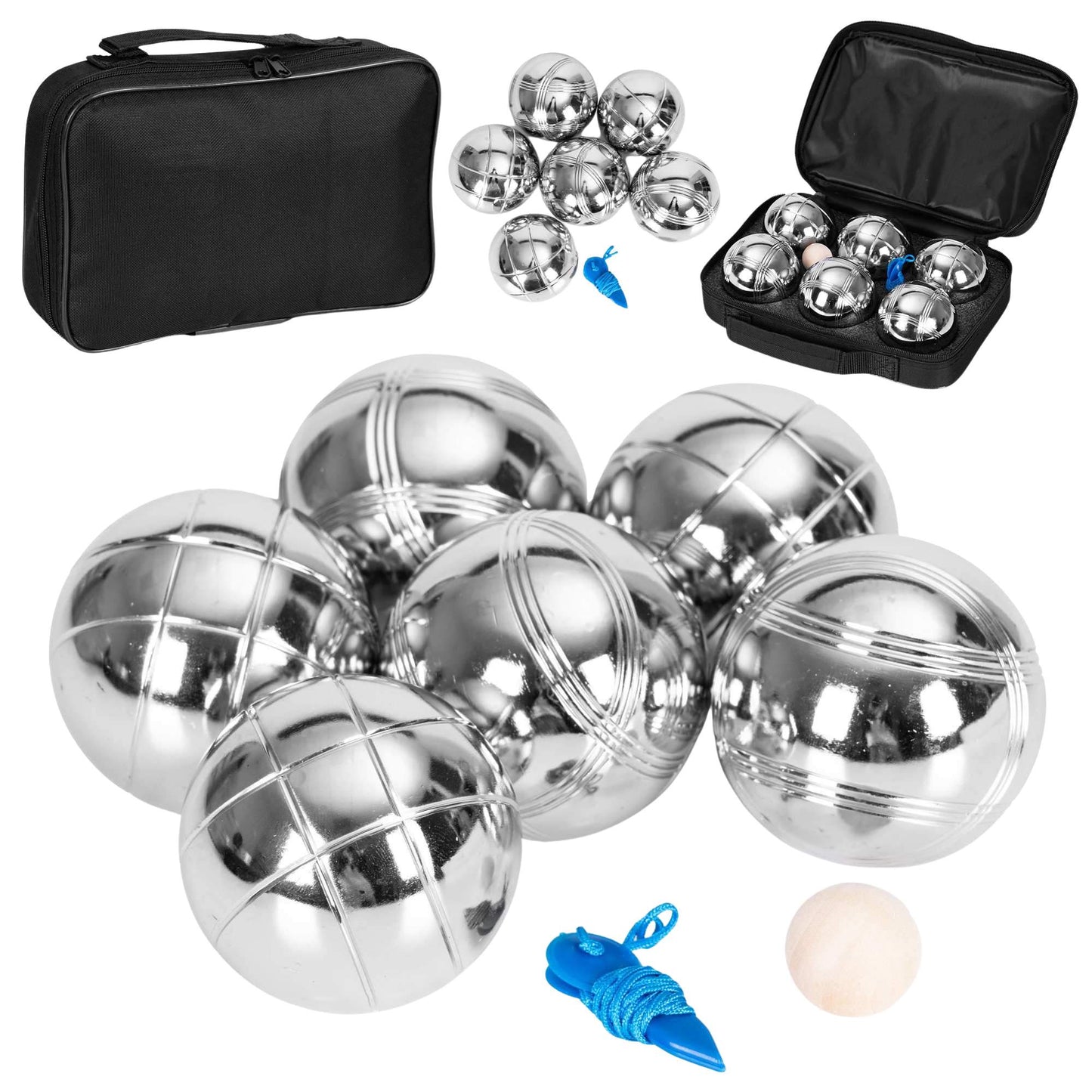 Petanque Boules Set, 6 Chrome Balls, Case & Accessories