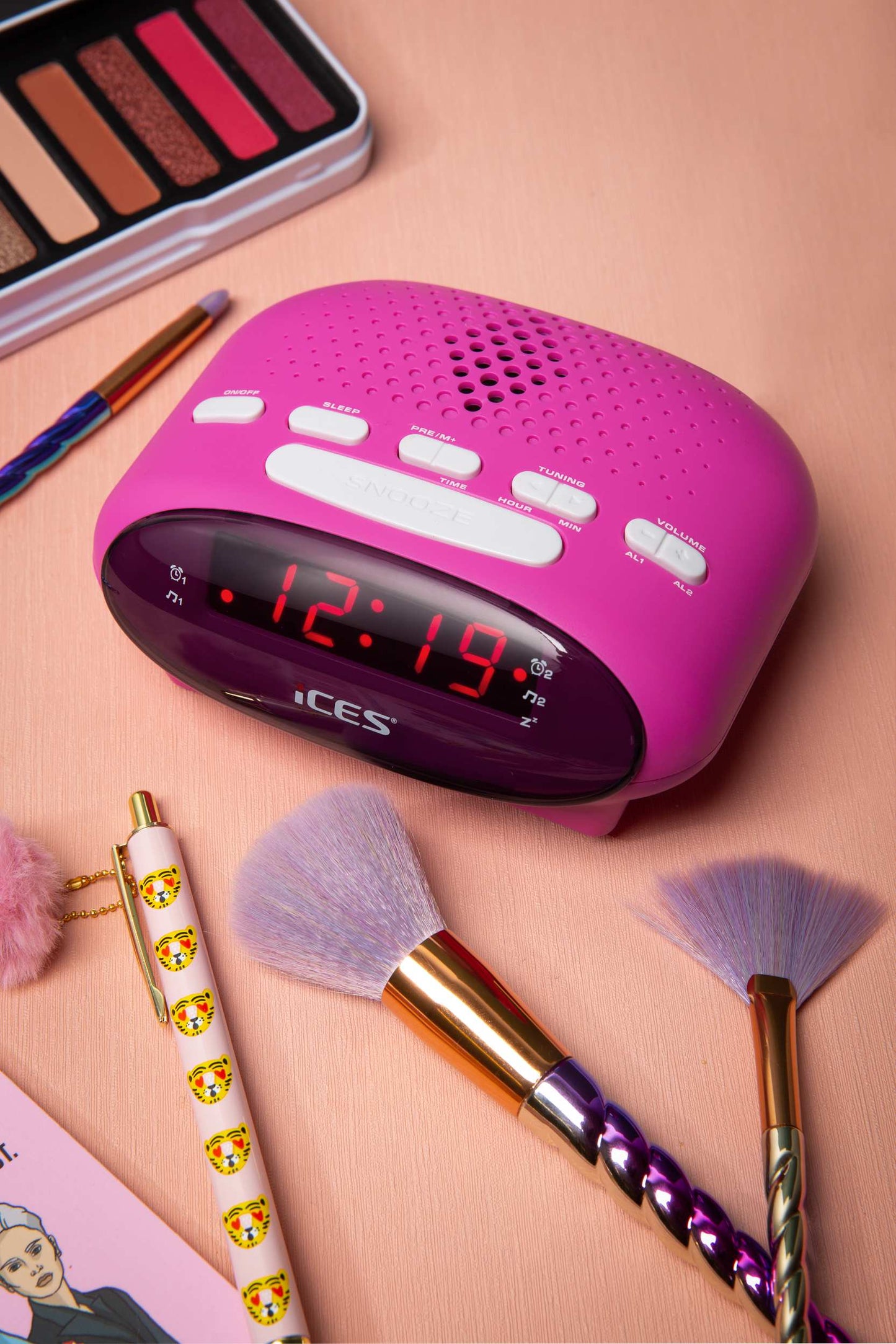 Pink FM Clock Radio with Dual Alarms and Snooze Function