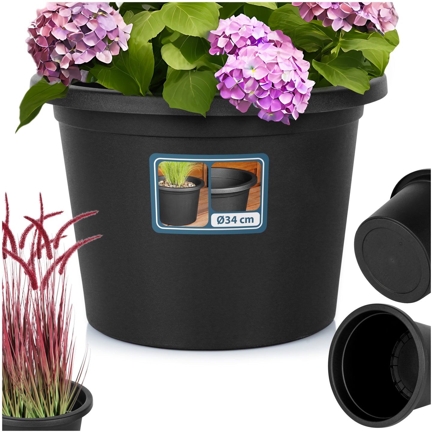 Plastic garden pot black round 34 cm