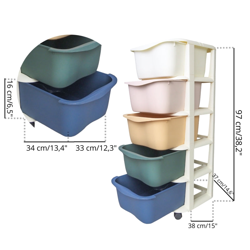 Plastic shelf on wheels for children, cabinet with drawers