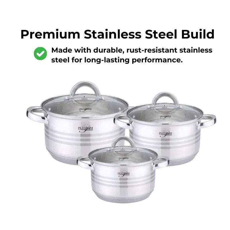 Platinum Cookware PL-10011: 6 Pieces S/S Cooking Pots with Stripe Accent -16/18/20cm