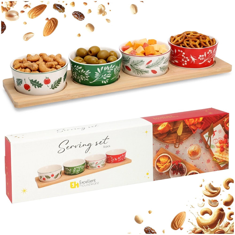 Porcelain Snack Bowl Set with Bamboo Tray – 5 Pieces