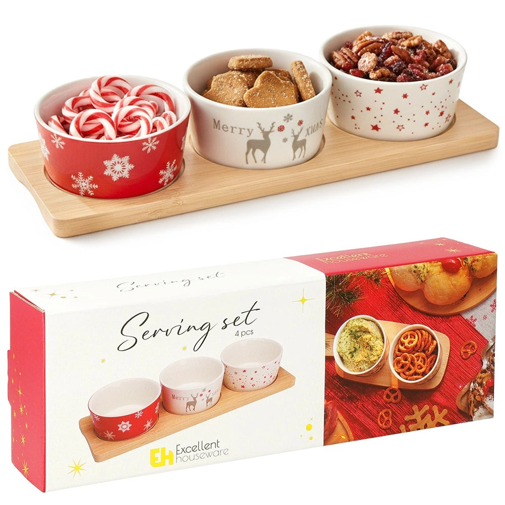 Porcelain Snack Bowls Set with Bamboo Tray, 4-Piece