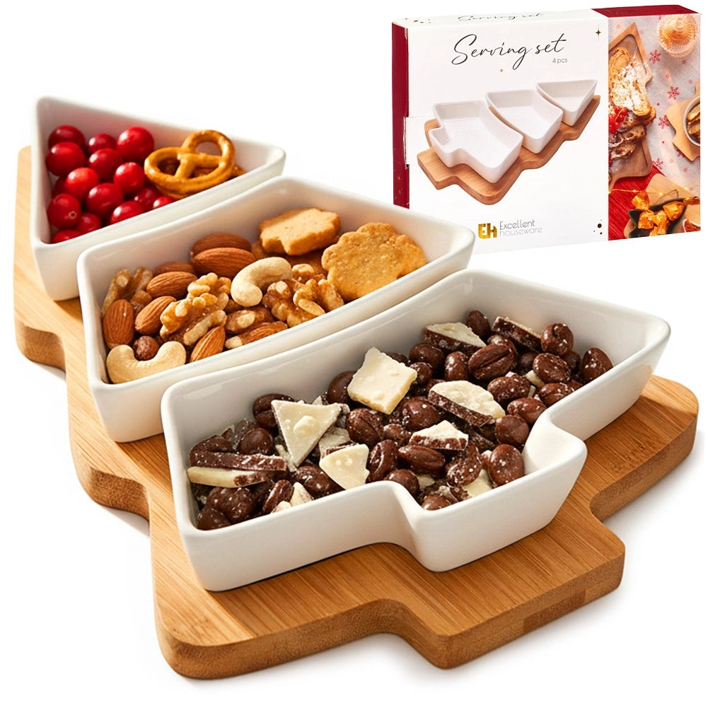 Porcelain Snack Bowls Set with Bamboo Tray, 4 Pieces