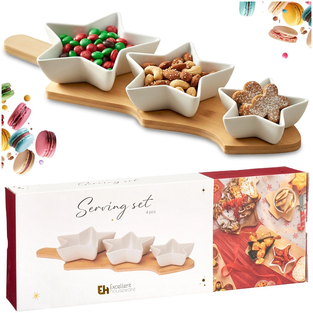 Porcelain Snack Bowls with Bamboo Tray – 4 Piece Set