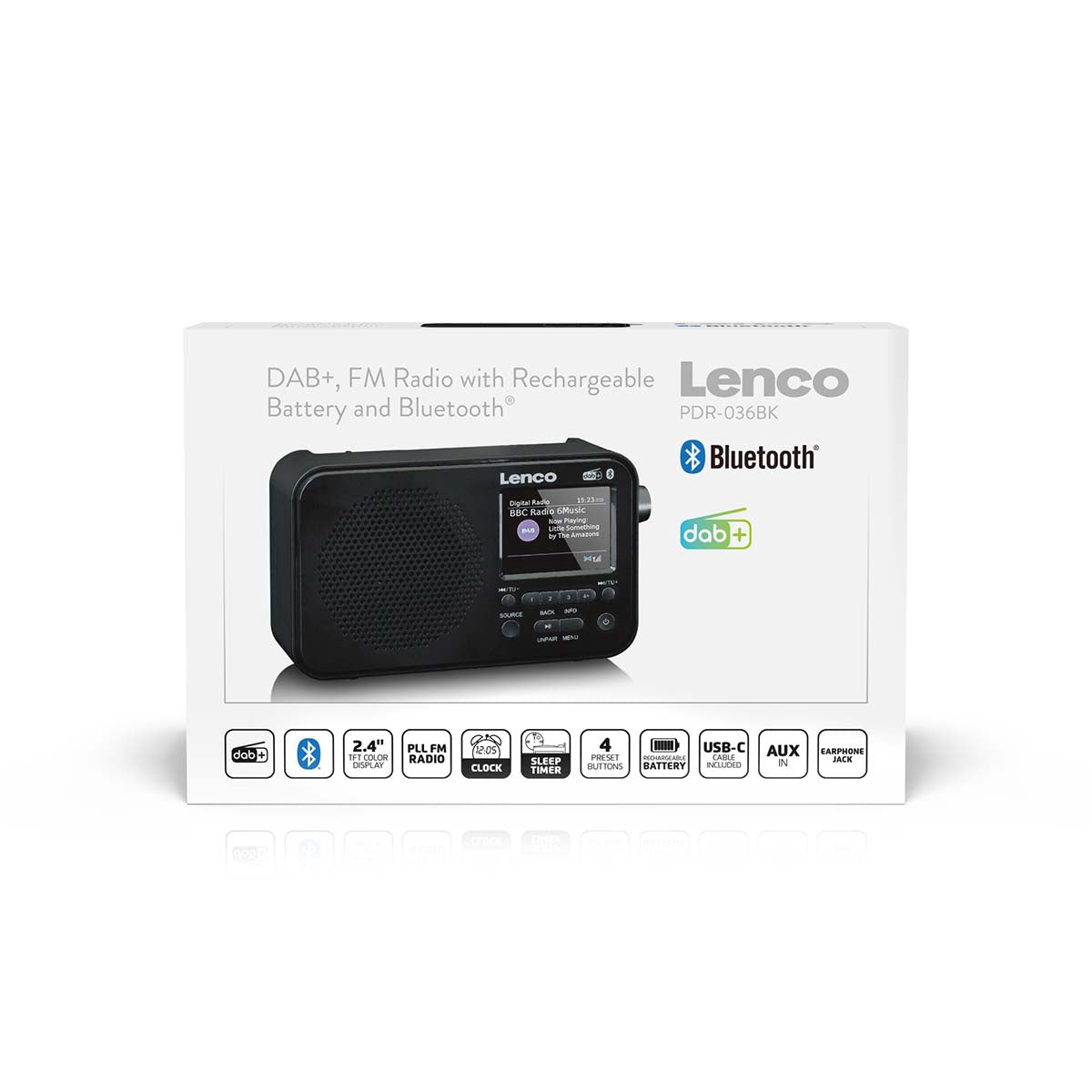 Portable DAB+ FM Radio with Bluetooth, 2.4" Display, Black