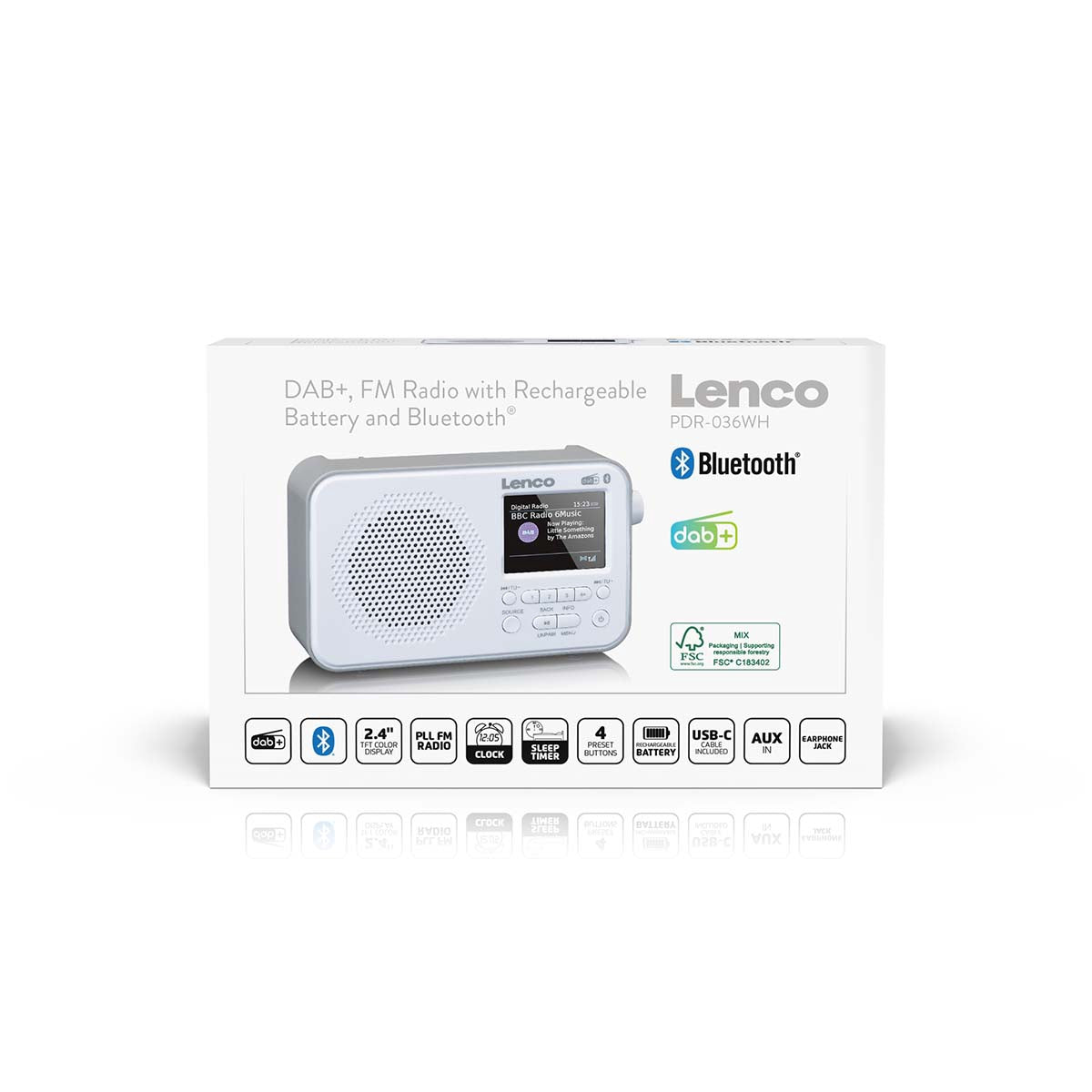Portable DAB+ FM Radio with Bluetooth, 2.4" Display, White