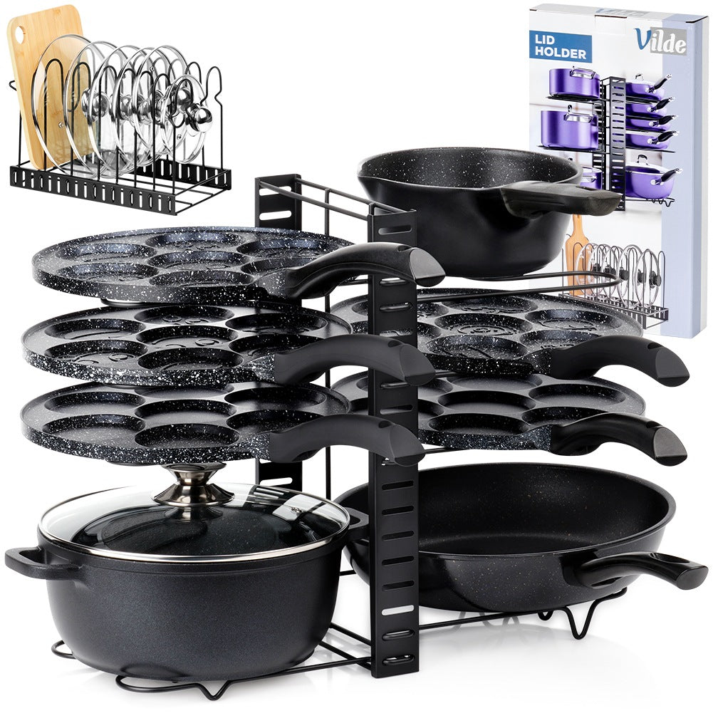 Pot, Pan & Lid Stand – Black Metal, 2-in-1