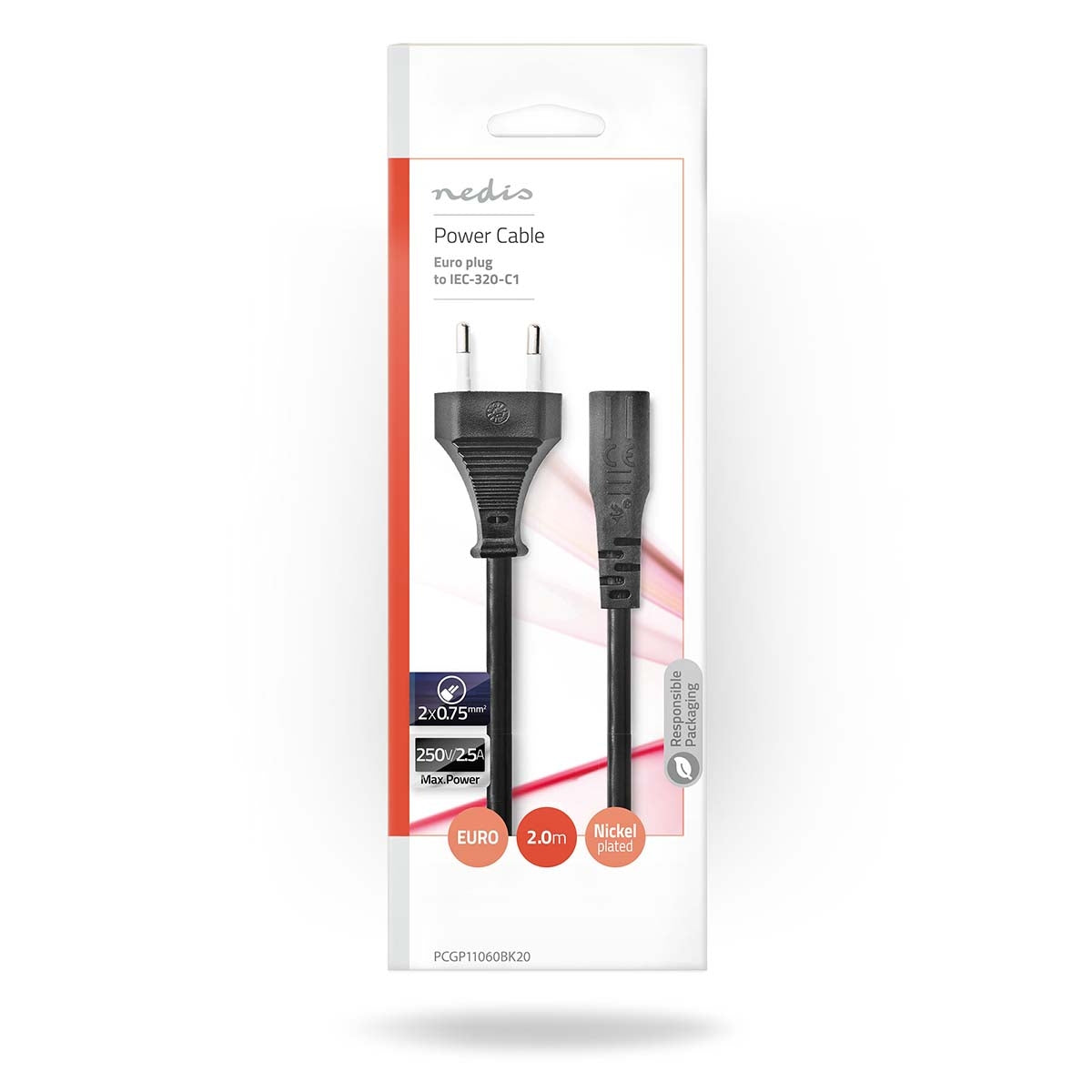 Power cable | Euro Man | IEC-320-C1 | Straight | Straight | Nickel plated | 2.00 m | Flat | PVC | Black | Envelope