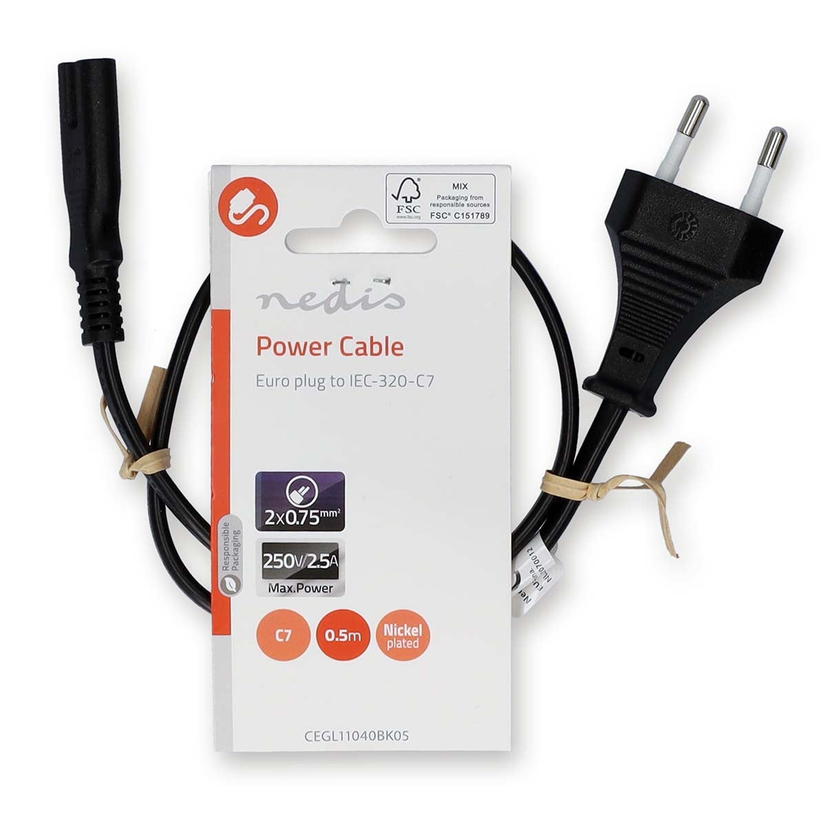 Power cable | Euro Man | IEC-320-C7 | Straight | Straight | Nickel Plated | 0.50 m | Flat | PVC | Black | Label