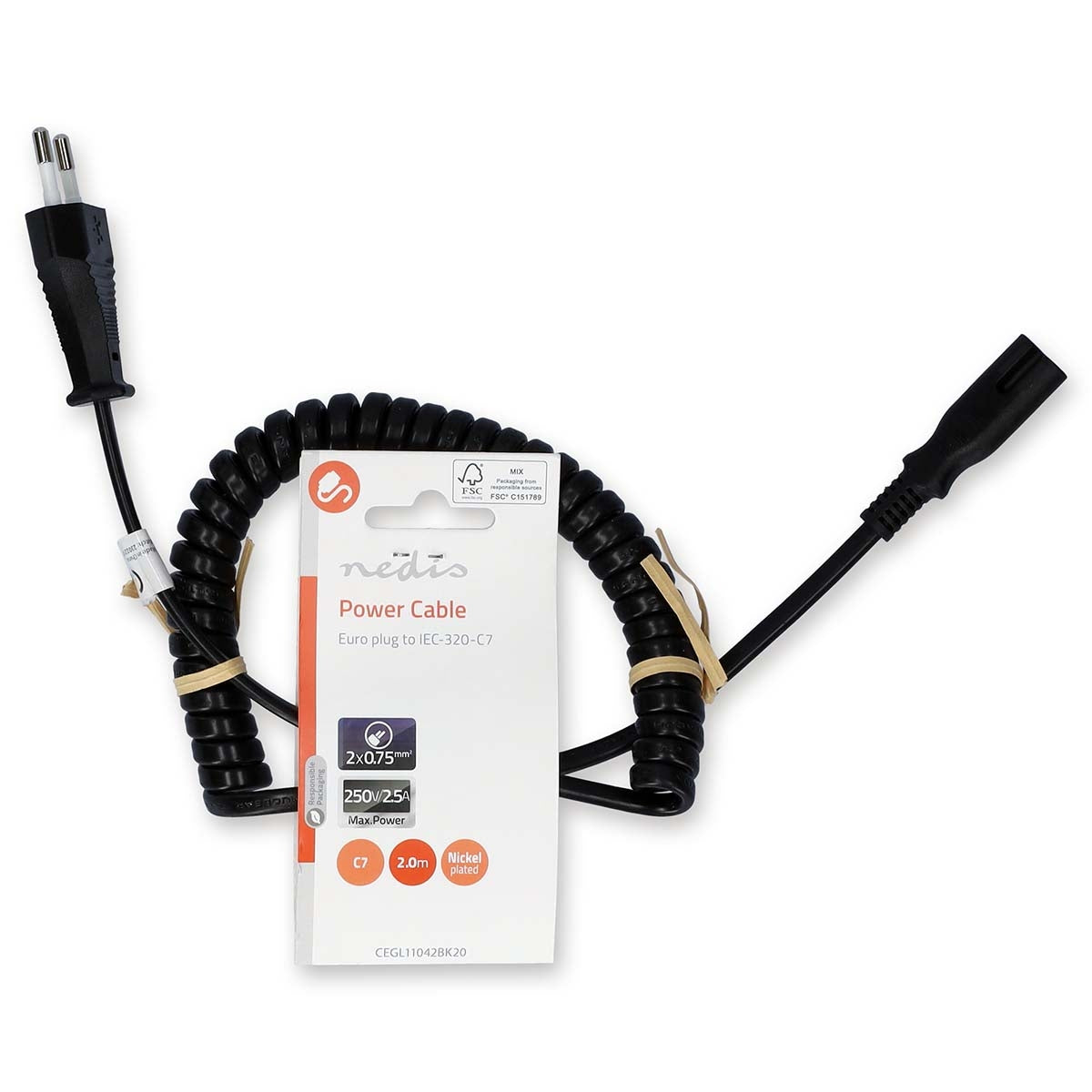Power cable | Euro Man | IEC-320-C7 | Straight | Straight | Nickel Plated | 2.00 m | Wrapped | PVC | Black | Label