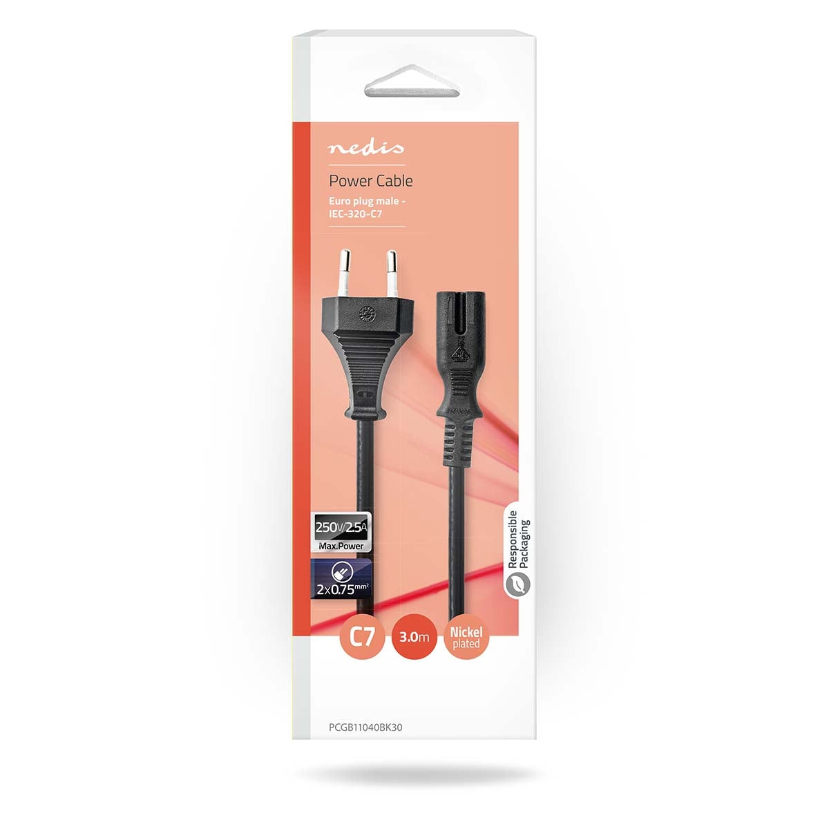 Power cable | Euro Man | IEC-320-C7 | Straight | Straight | Nickel Plated | 3.00 m | Flat | PVC | Black | Box