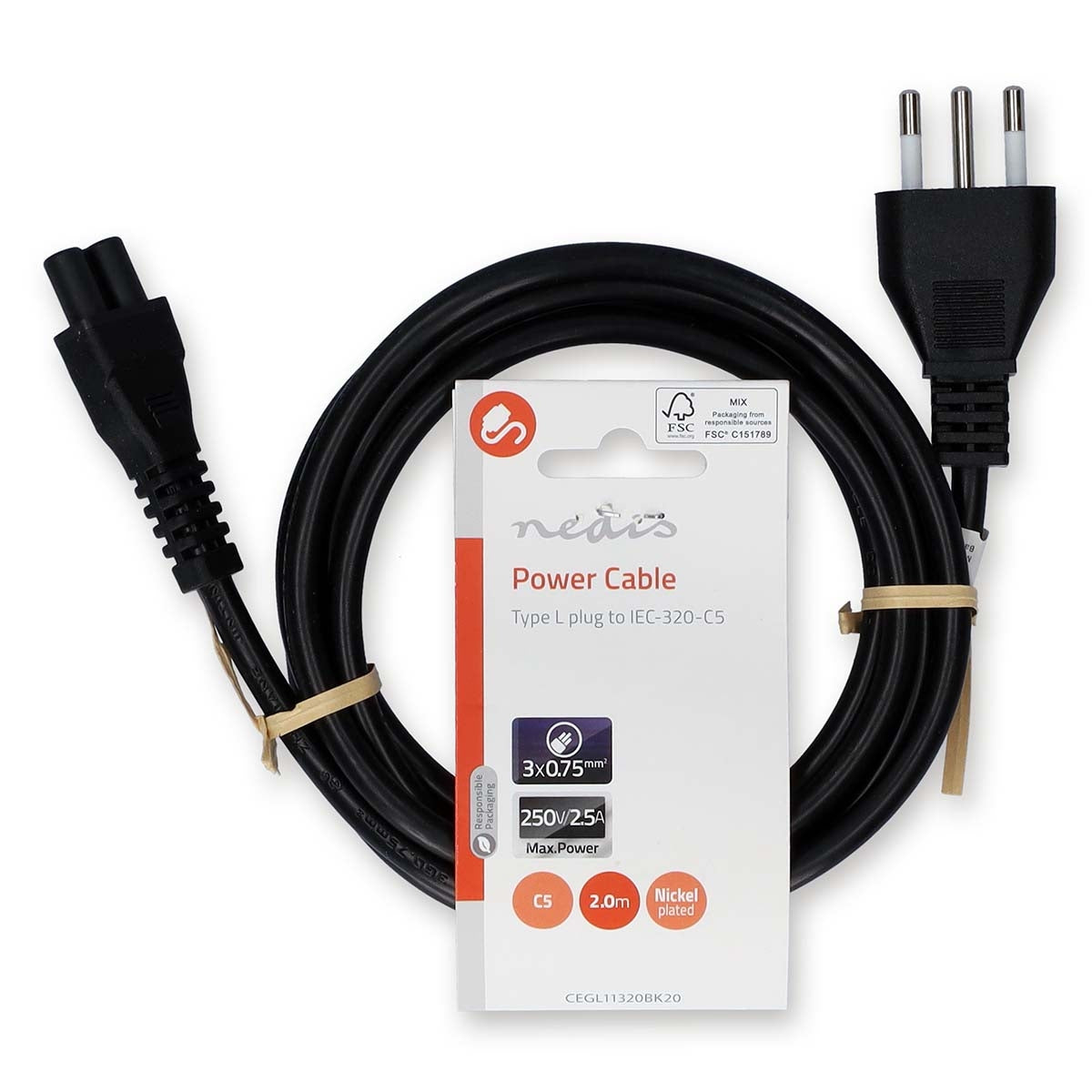 Power cable | Italy Male | IEC-320-C5 | Straight | Straight | Nickel Plated | 2.00 m | Round | PVC | Black | Label