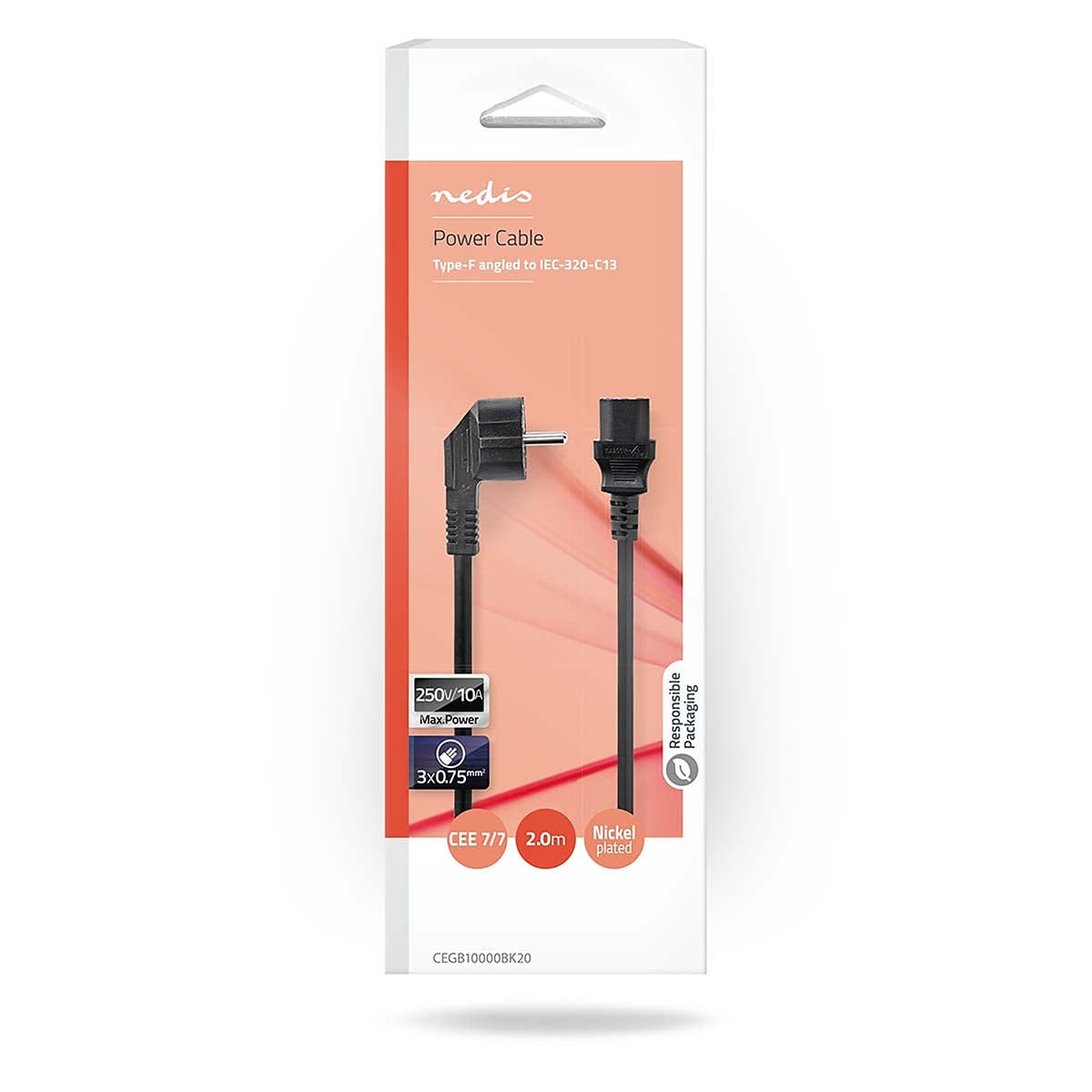Power cable | Power connector Male | IEC-320-C13 | Angled | Straight | Nickel Plated | 2.00 m | Round | PVC | Black | Box