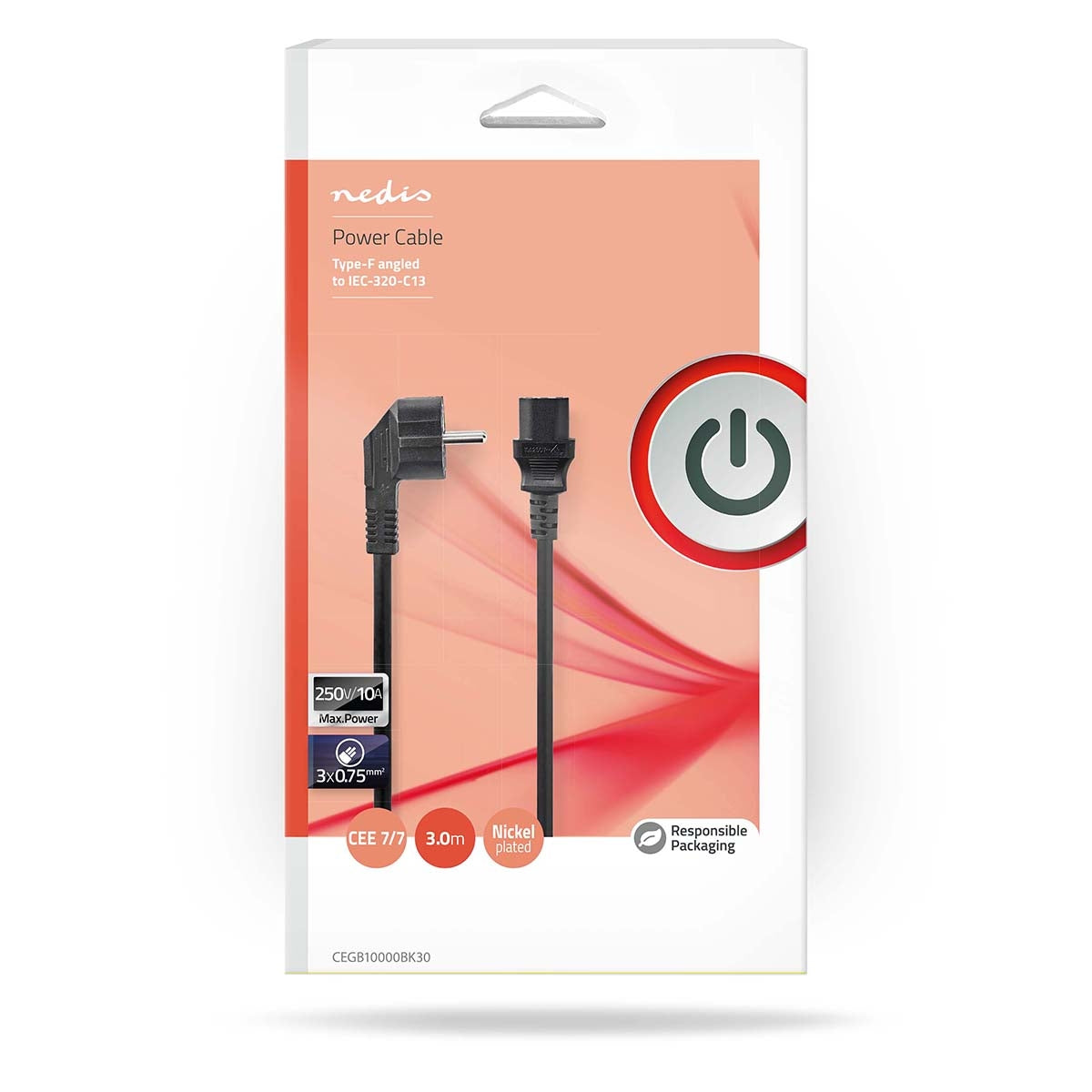 Power cable | Power connector Male | IEC-320-C13 | Straight | Straight | Nickel Plated | 3.00 m | Round | PVC | Black | Box