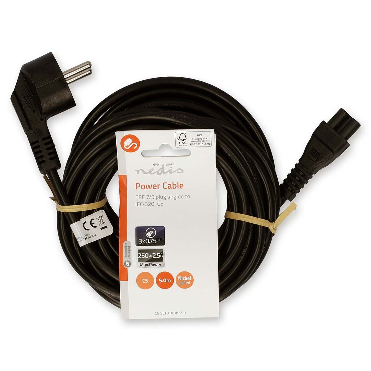 Power cable | Power connector Male | IEC-320-C5 | Angled | Straight | Nickel Plated | 5.00 m | Round | PVC | Black | Label
