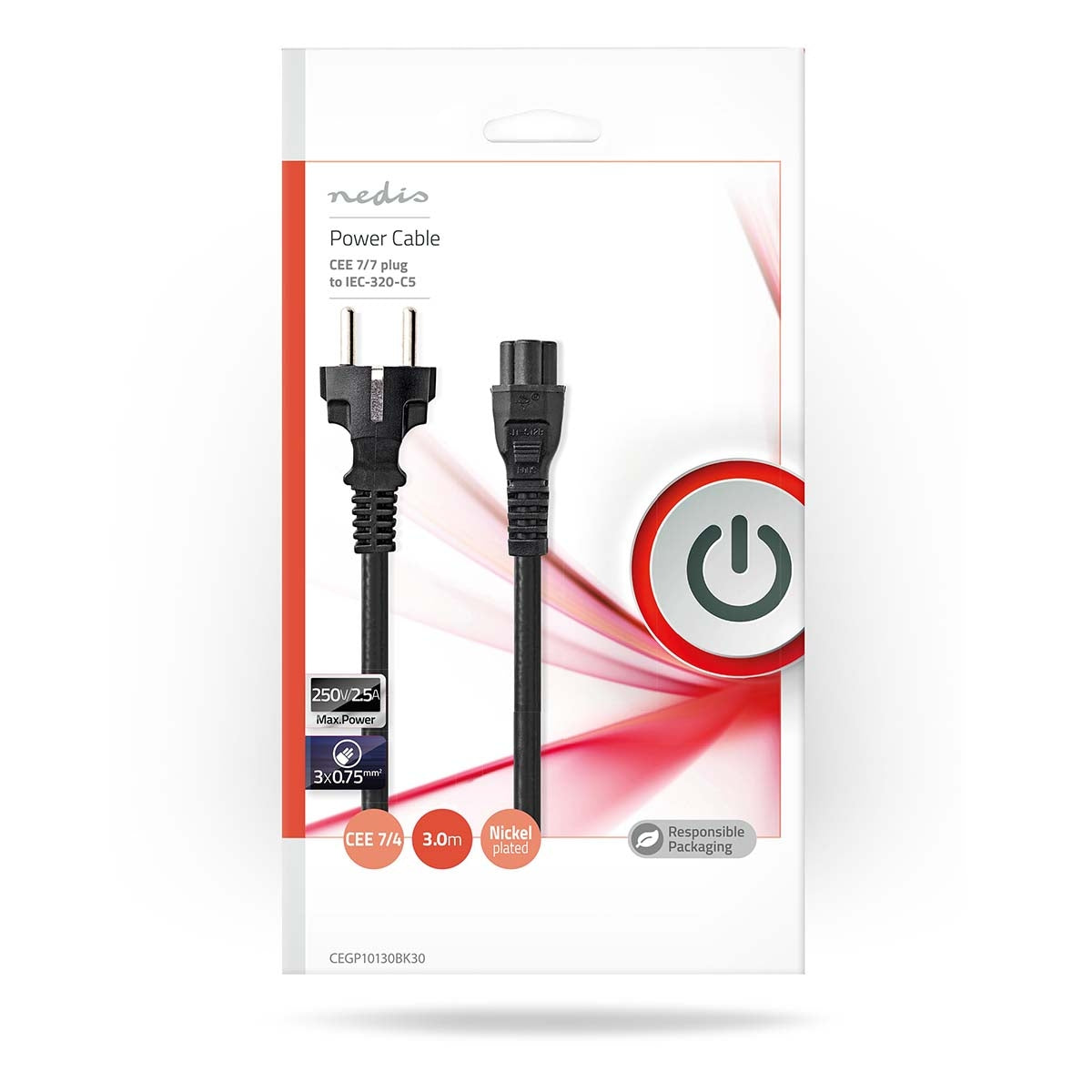 Power cable | Power connector Male | IEC-320-C5 | Straight | Straight | Nickel Plated | 3.00 m | Round | PVC | Black | Plastic bag