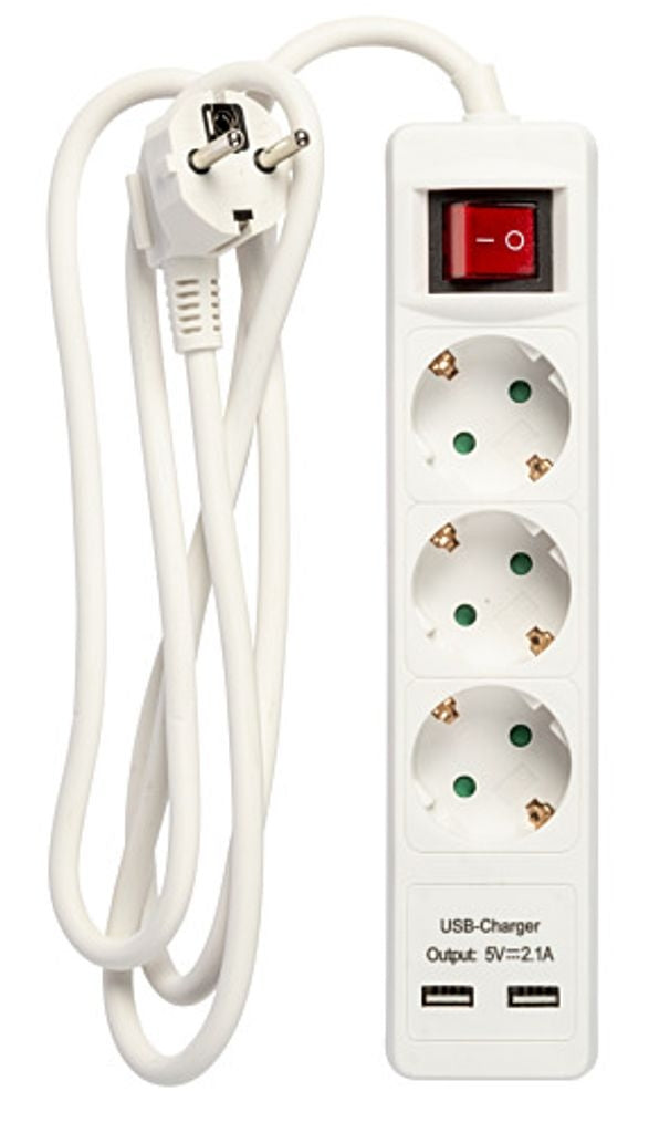 Power outlet 3-way connector with 2x USB, 1.5m