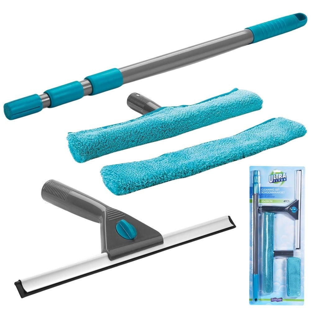 Practical window washing set with telescopic handle and microfiber cloths