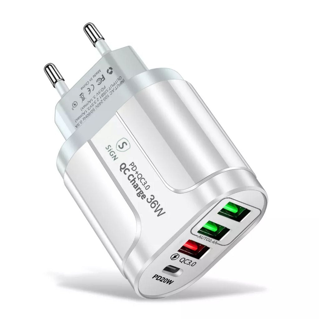 Quick Charger USB-C & 3xUSB-A, PD & Q.C 3.0, 36W - White