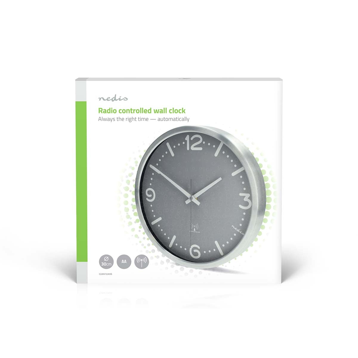 Radio Controlled Silent Wall Clock, 300mm, Grey Aluminium