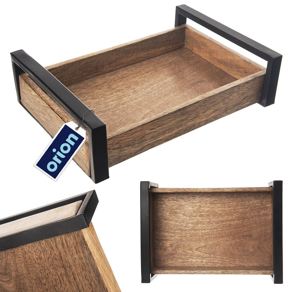 Rectangular Mango Wood Serving Tray with Metal Handle
