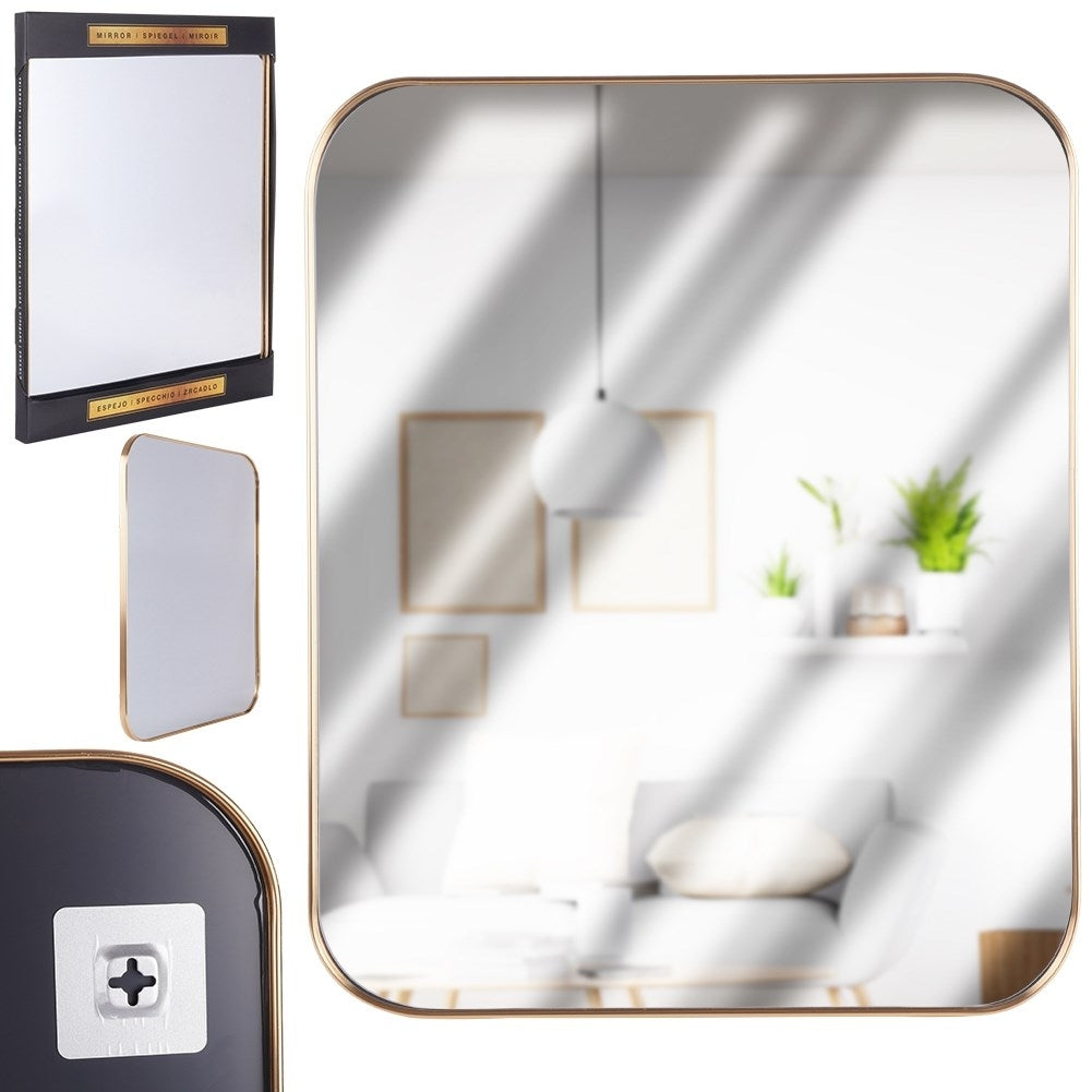 Rectangular Wall Mirror with Gold-Framed Metal and Rounded Corners