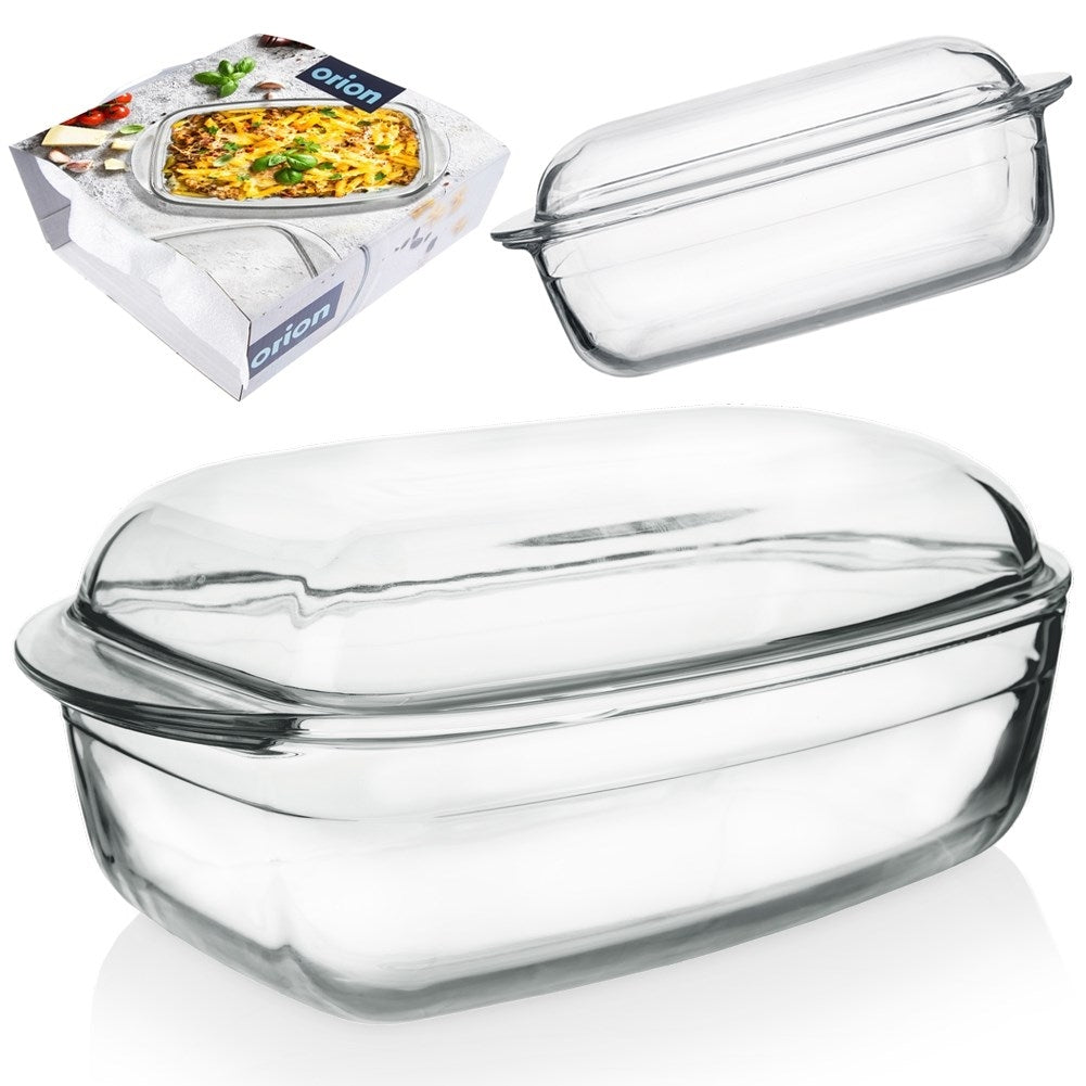 Rectangular oven form in durable glass with a practical lid
