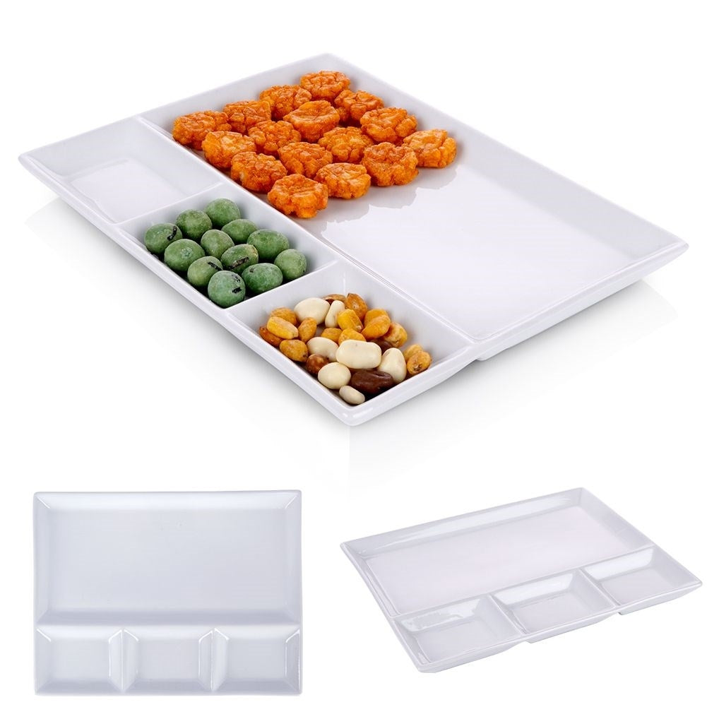 Rectangular porcelain tray with four sections for snacks