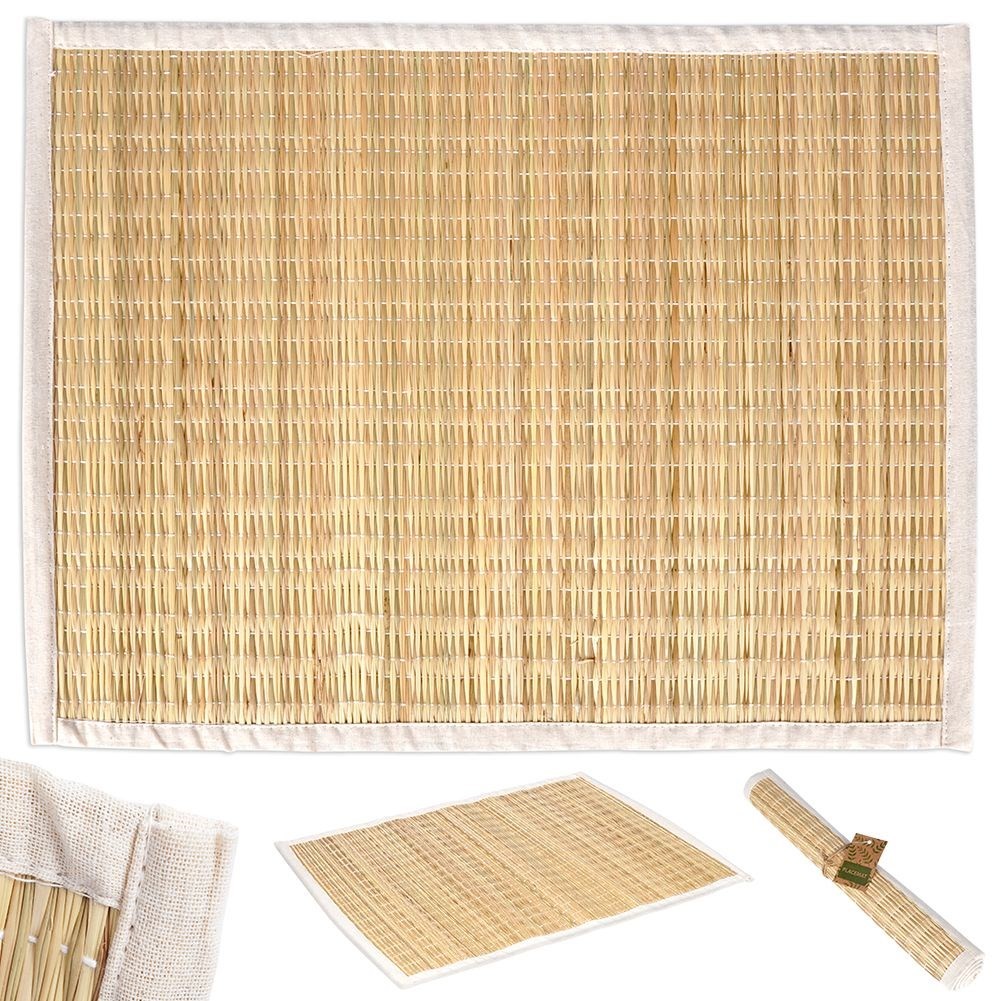 Rectangular rattan kitchen mat covered in beige cotton