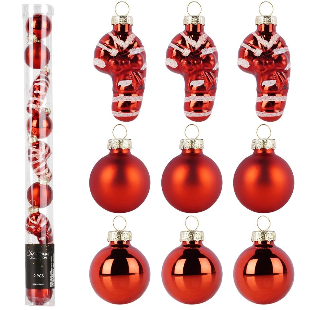 Red Glass Christmas Baubles, 3 cm, Set of 9