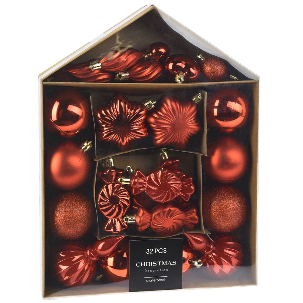 Red Shatterproof Christmas Ornaments Set, 32 Pieces