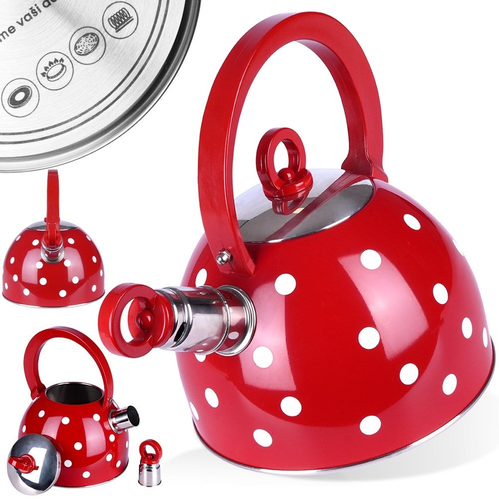 Red teapot in stainless steel with dots and whistle