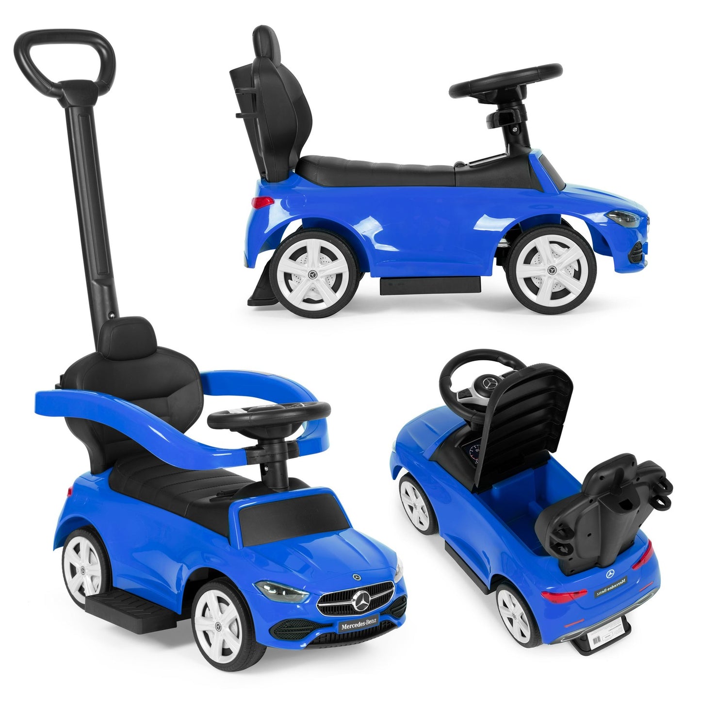 Ride-on pusher car Mercedes C CLASS interactive steering wheel guide blue