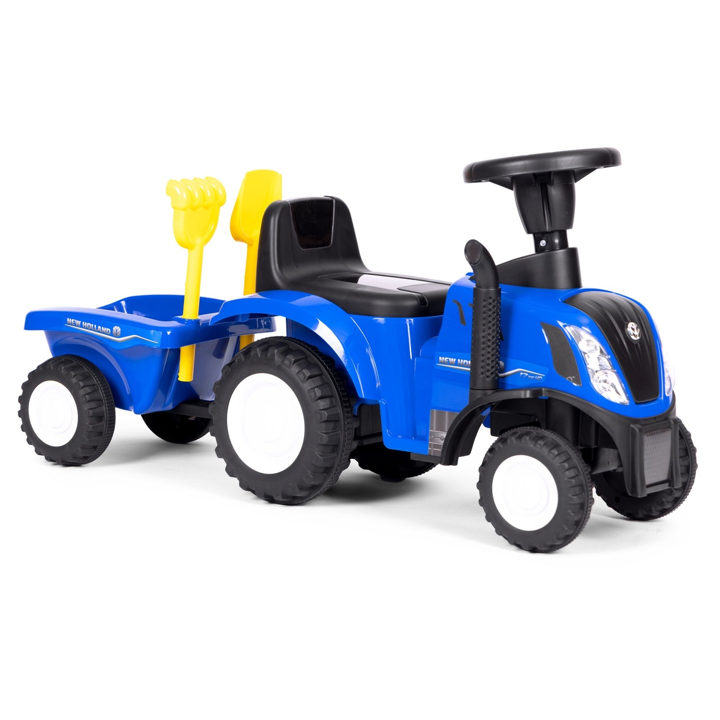 Ride-on tractor with trailer for children, interactive steering wheel, sounds, blue
