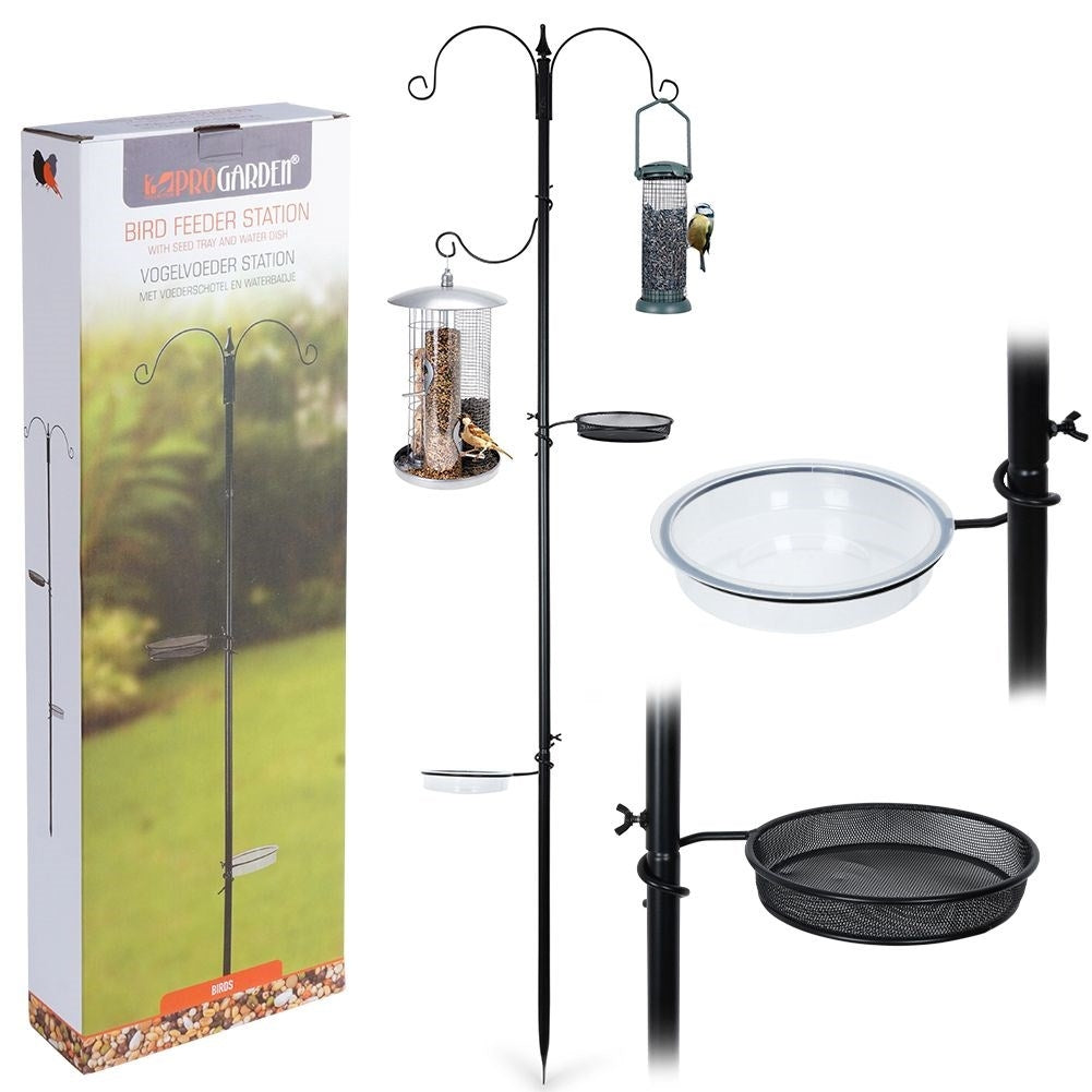 Robust bird feeder with ground spike and two bowls