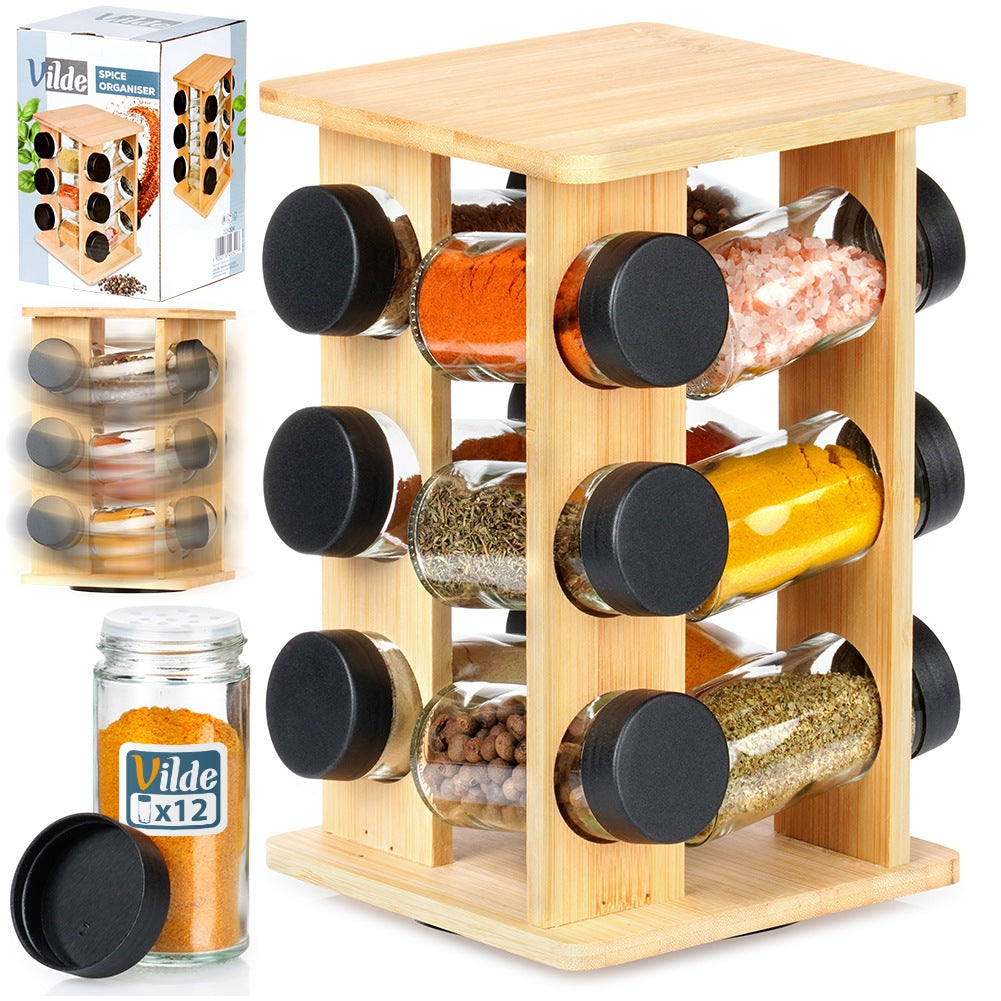 Rotating Wooden Spice Rack with 13 Containers