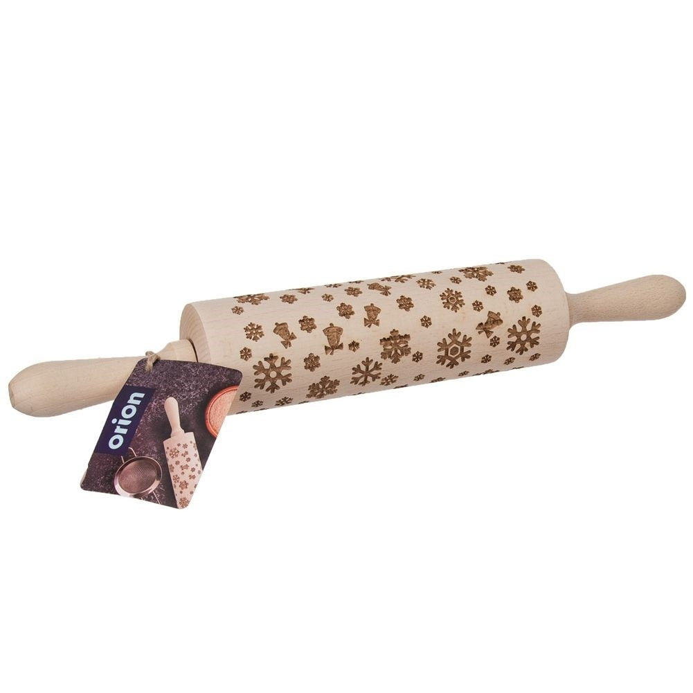 Rotating rolling pin with snowflake pattern in natural beech wood