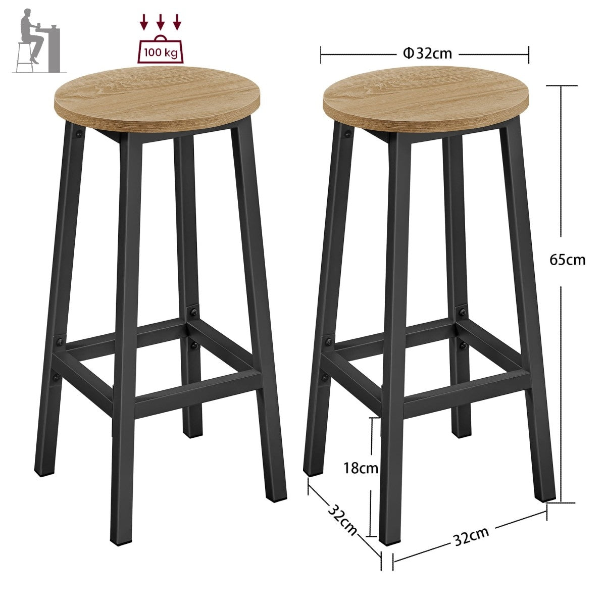 Round Bar Stool Set of 2 – 65 cm High Chair with Footrest