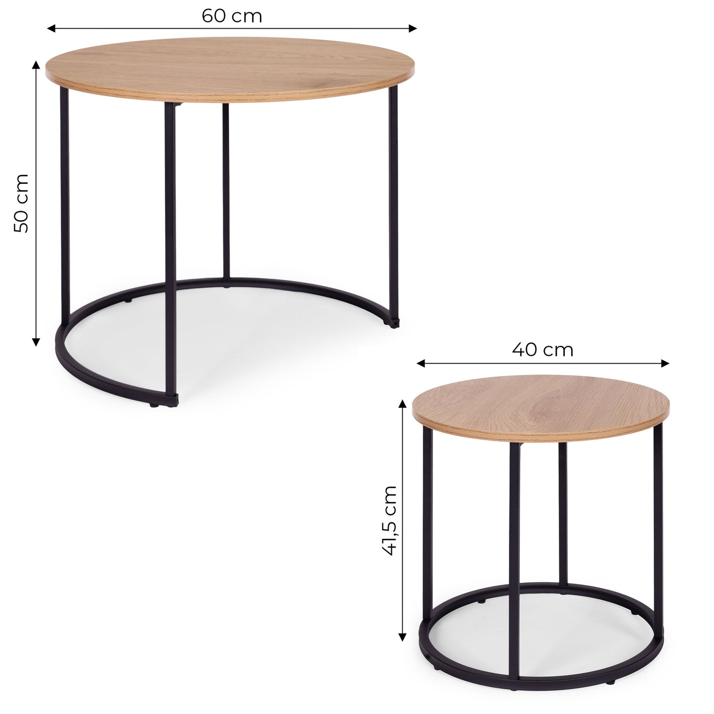 Round Coffee Tables Set of 2, Light Oak, Metal Frame